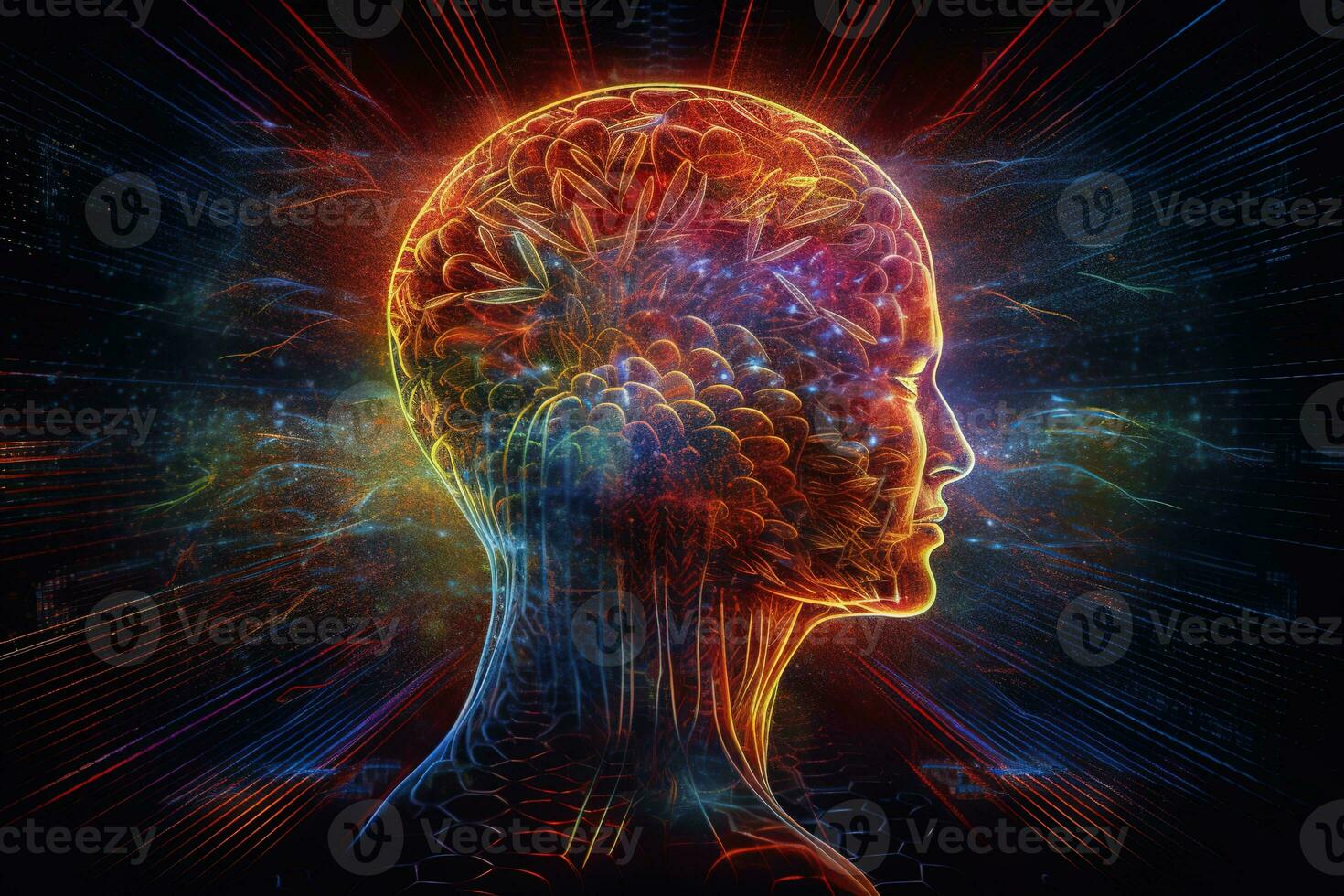 een hersenen scannen een persoon gedurende staten van transcendentie, meditatie, trance of droomtijd. psychedelisch kleuren en meetkundig vormen zijn uitstralend van de verstand. generatief ai foto