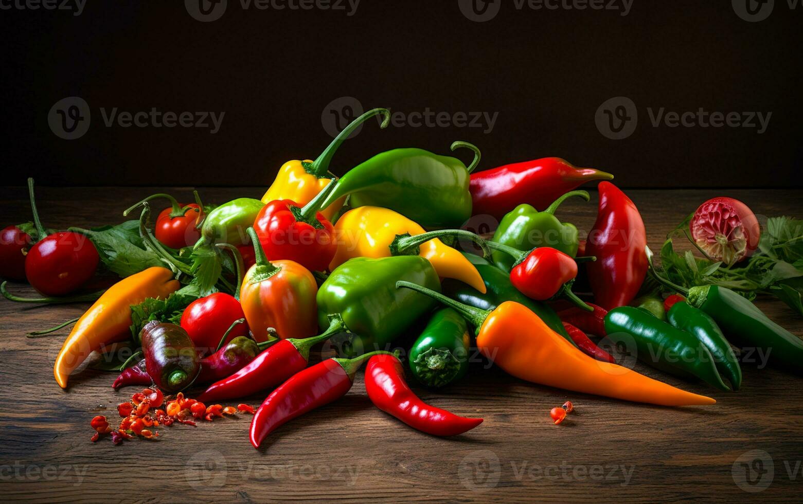 een kleurrijk mengen van Chili pepers, inclusief rood jalapenos, serranos, en habaneros, vers geplukt Aan de donker rustiek houten tafel. generatief ai. foto