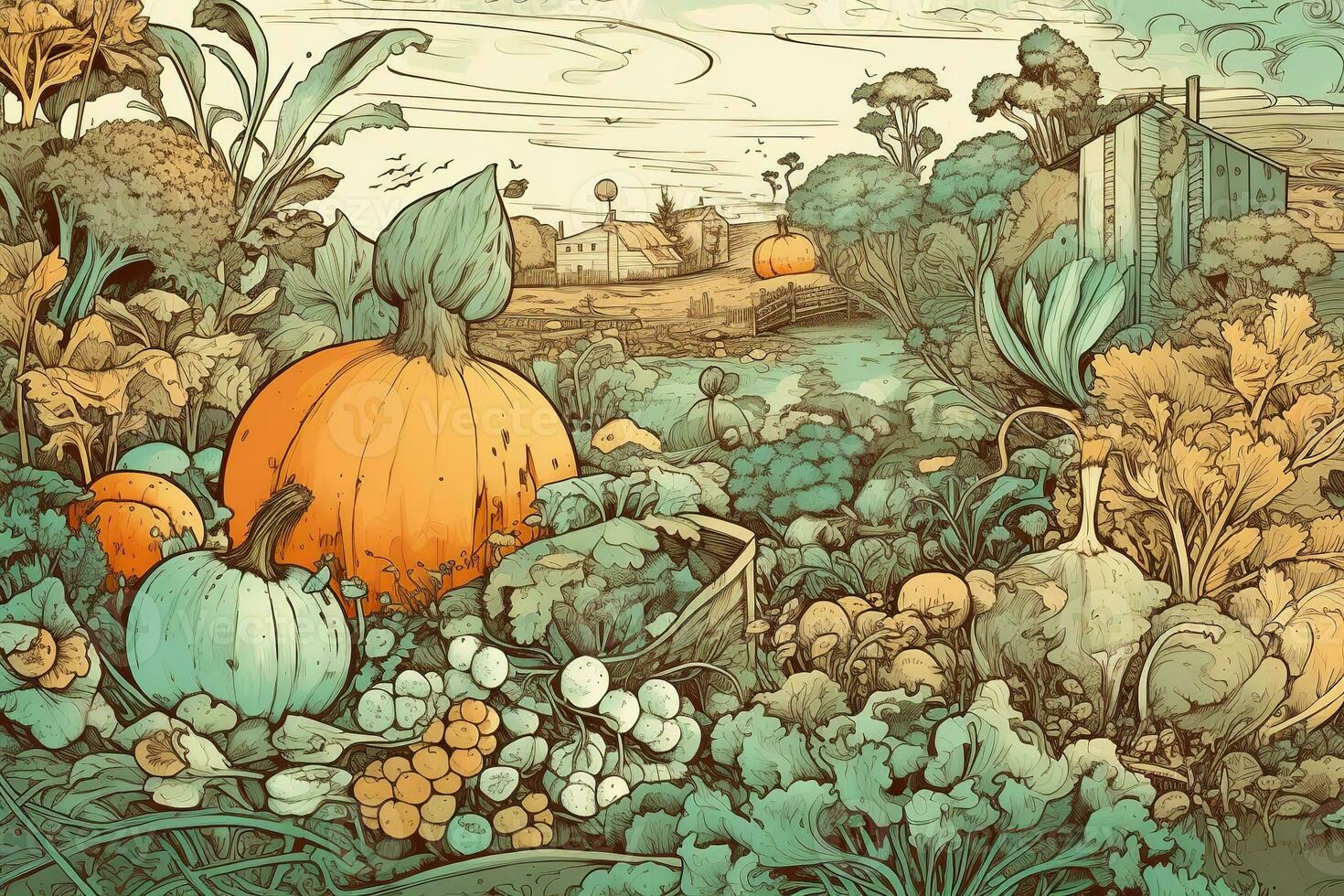 een creatief van een groente oogst, met hand getekend illustratie van divers groenten, hulpmiddelen, en oogsten scènes, reeks tegen een visueel aangenaam, fantasierijk achtergrond. generatief ai foto
