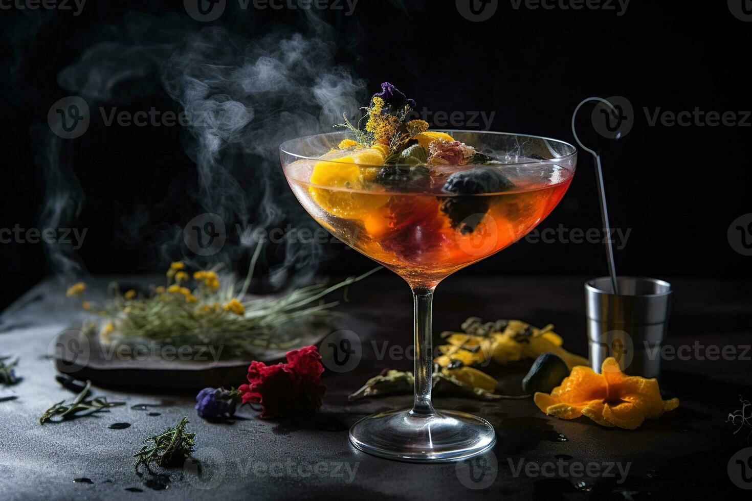 moleculair mixologie presentatie, vastleggen een vernieuwend, experimenteel cocktail met uniek ingrediënten. generatief ai. foto