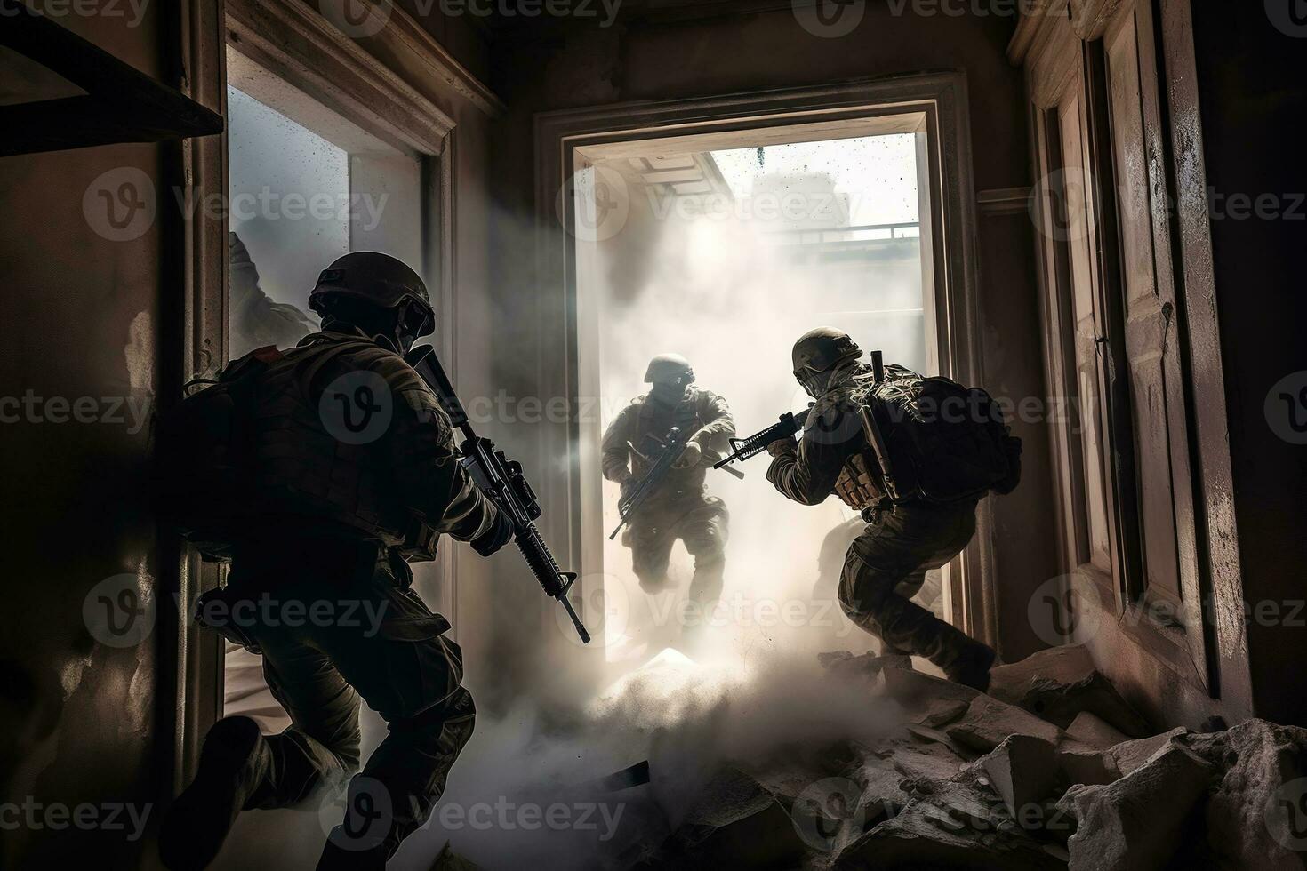 speciaal krachten team dirigeren een gijzelaar redden operatie, met soldaten overtreden een gebouw en innemend met vijandig krachten. generatief ai foto