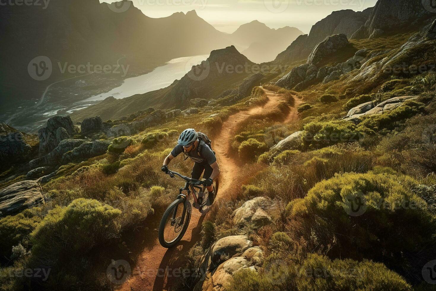 een opwindend, hoge snelheid berg fietsen tafereel, met een gedurfd rijder navigeren een ruig, rotsachtig pad, met een adembenemend berg uitzicht net zo de achtergrond. generatief ai. foto