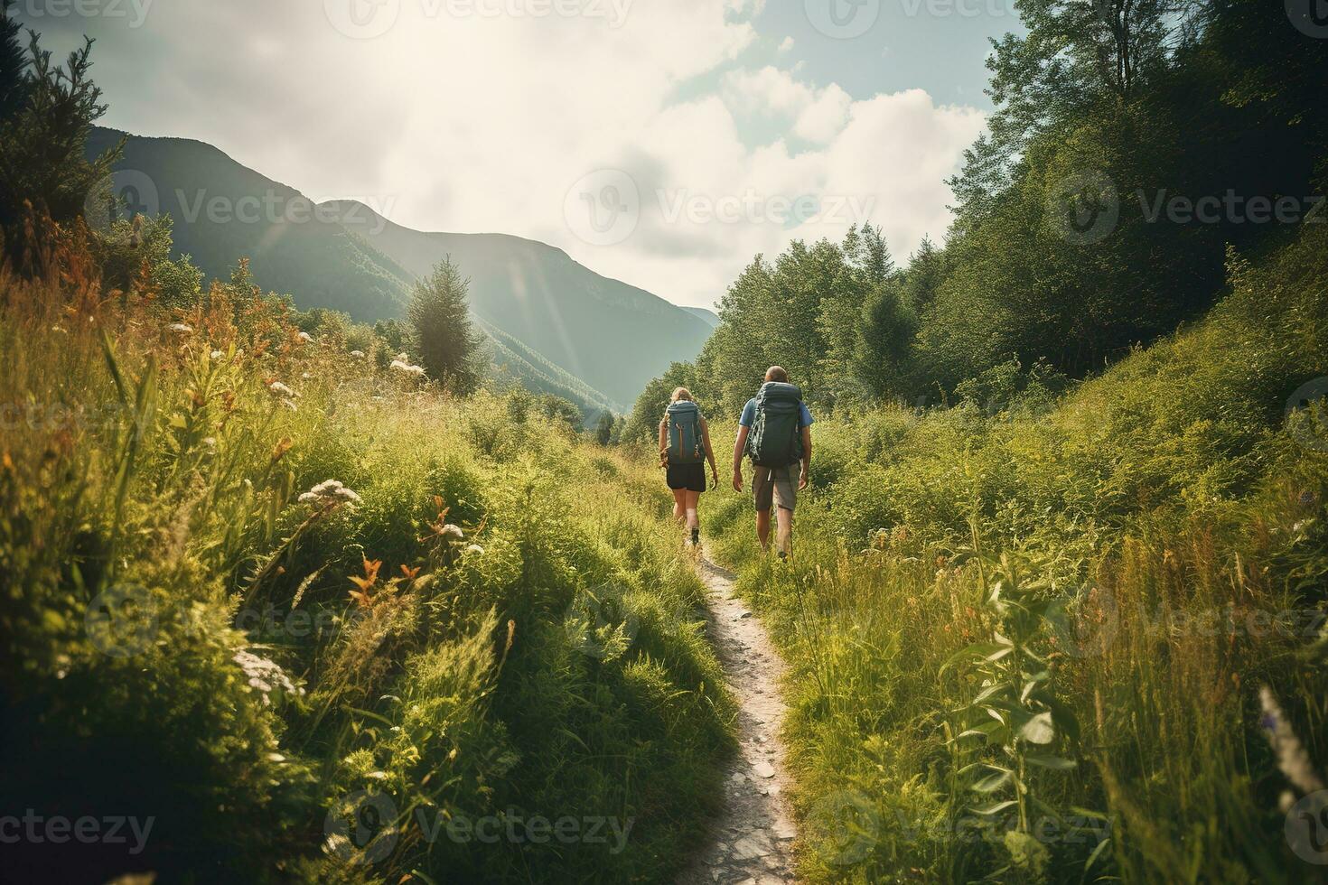 een rustig, zomer wandelen avontuur, met een paar trekking door een weelderig, groen Woud, weide en berg pad. generatief ai. foto