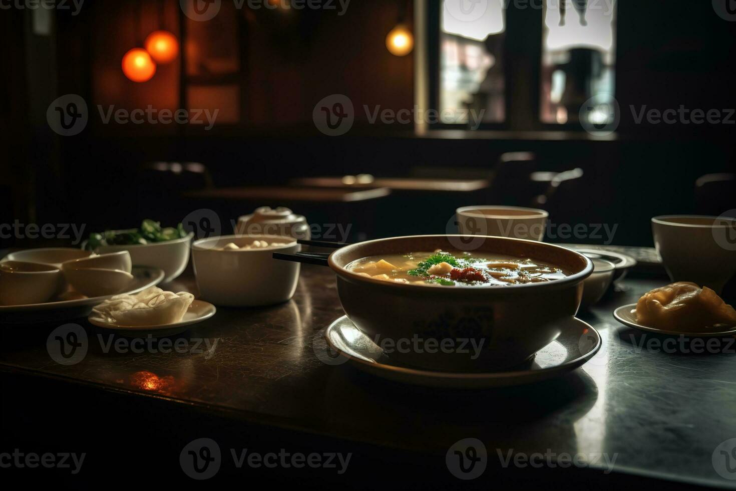 een warm, stomen kom van heet en verzuren soep, wonton soep, met een rangschikking van smaken en ingrediënten, reeks in een knus, sfeervol Chinese restaurant. generatief ai foto