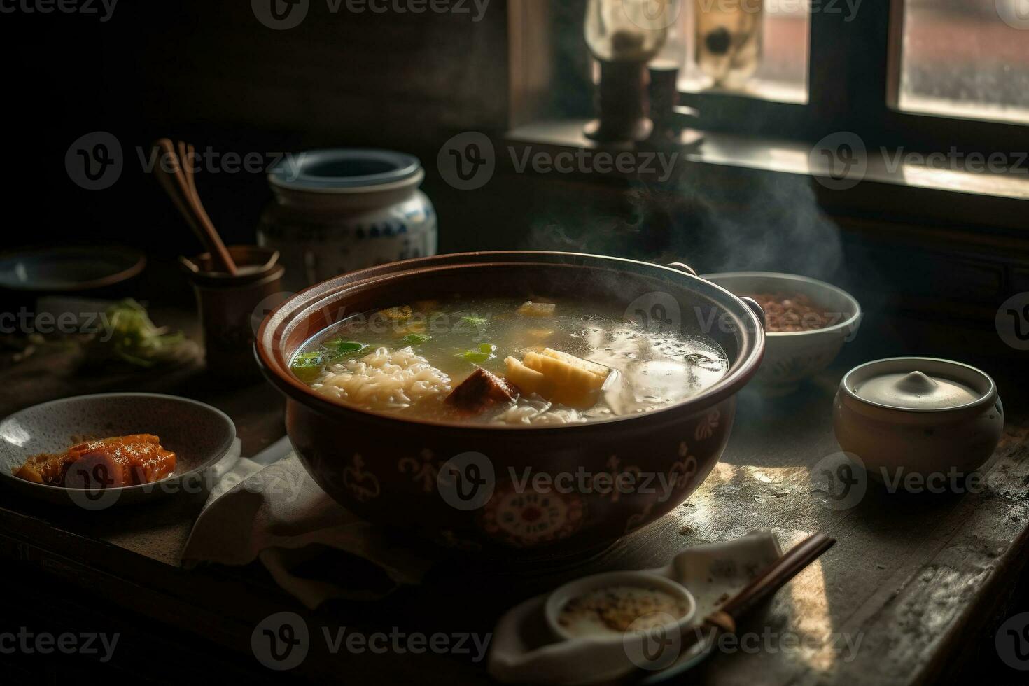 een warm, stomen kom van heet en verzuren soep, wonton soep, met een rangschikking van smaken en ingrediënten, reeks in een knus, sfeervol Chinese restaurant. generatief ai foto