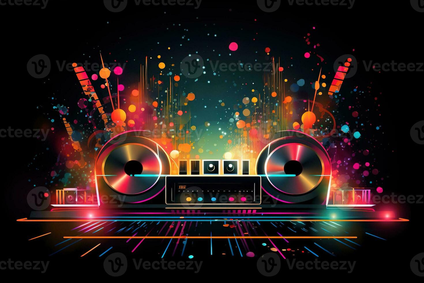 abstract vector poster met kleurrijk dj troosten, groot sprekers, vuurwerk, licht bollen, schitteren, equalizer bars in achtergrond. concept dans feest. generatief ai foto