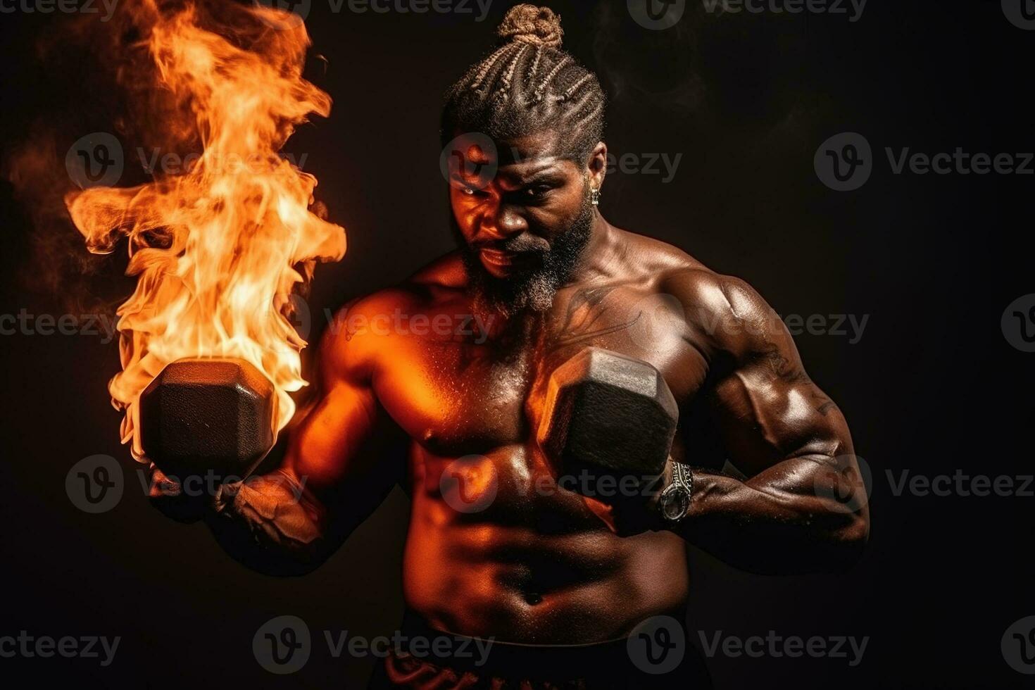 portret van bodybuilder met brandend halter. generatief ai foto