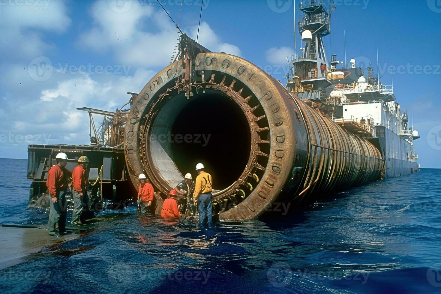 arbeiders inspecteren de onderzees gas- pijpleiding. de focus worden Aan de belang van regelmatig onderhoud en inspectie van de pijpleiding. generatief ai foto