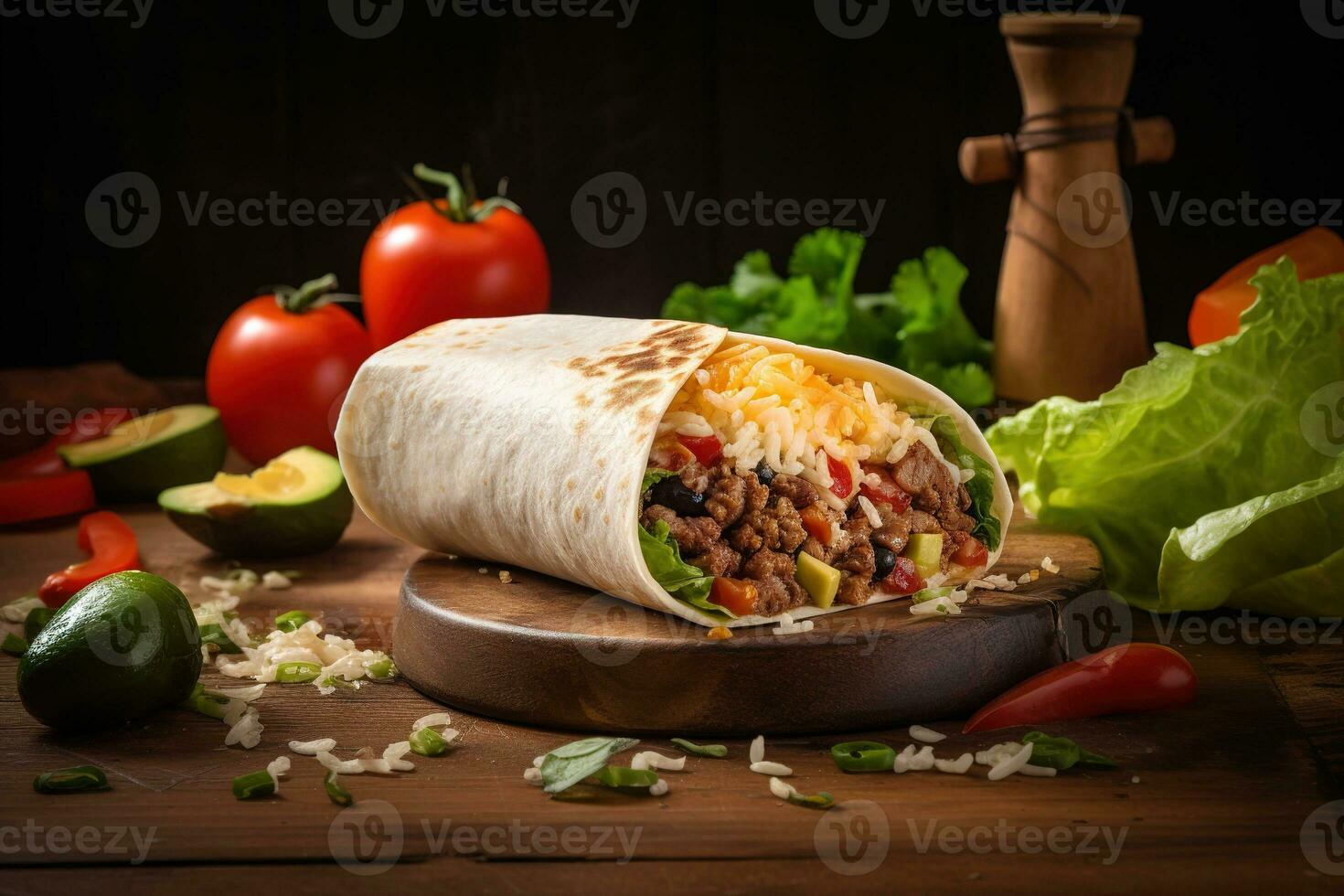 origineel Mexicaans burrito's wraps met rundvlees en groenten Aan rustiek houten tafel. concept menu's en advertentie. generatief ai foto