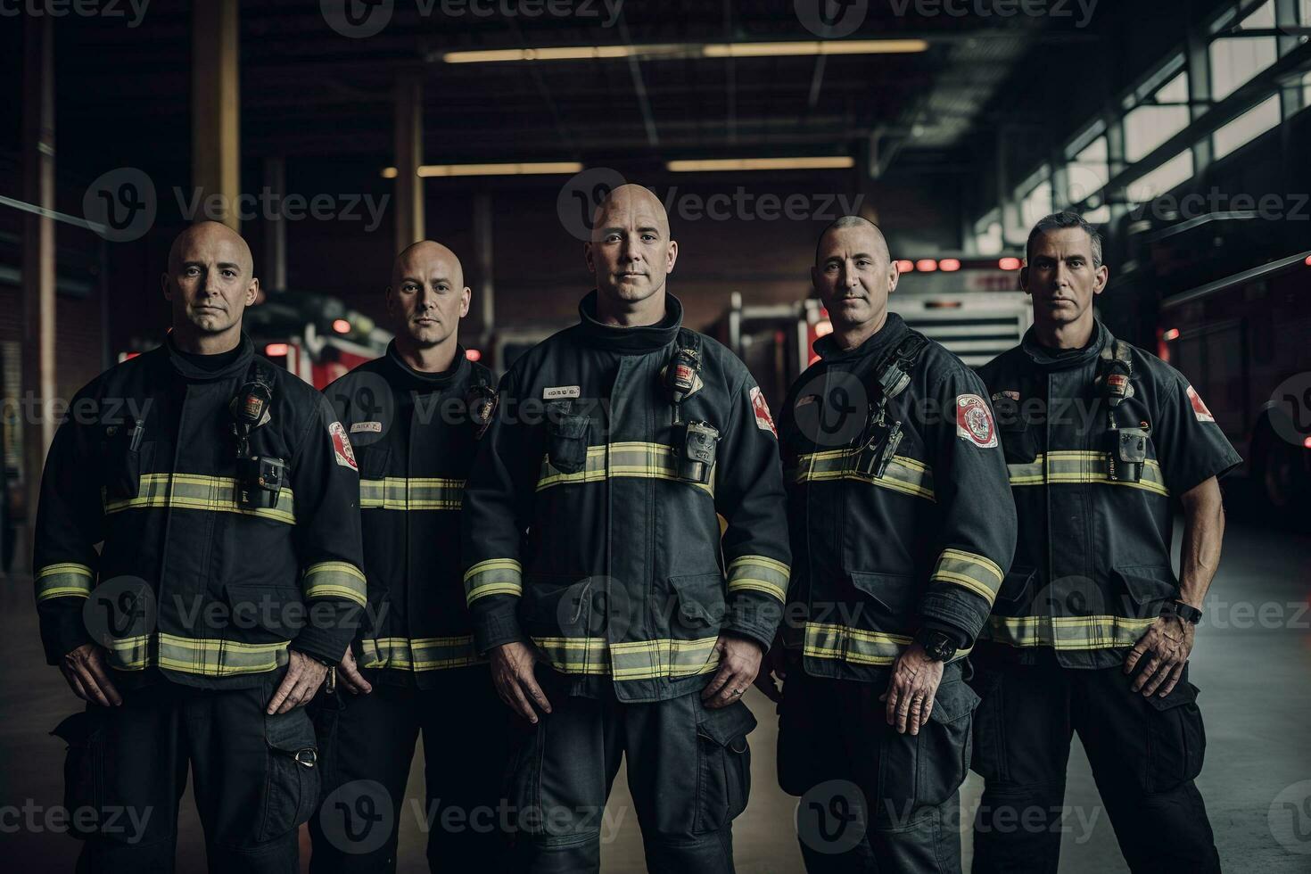 reclame portret schot van een brandweerlieden team staand samen in een branden station en ze kijken Bij de camera. generatief ai. foto