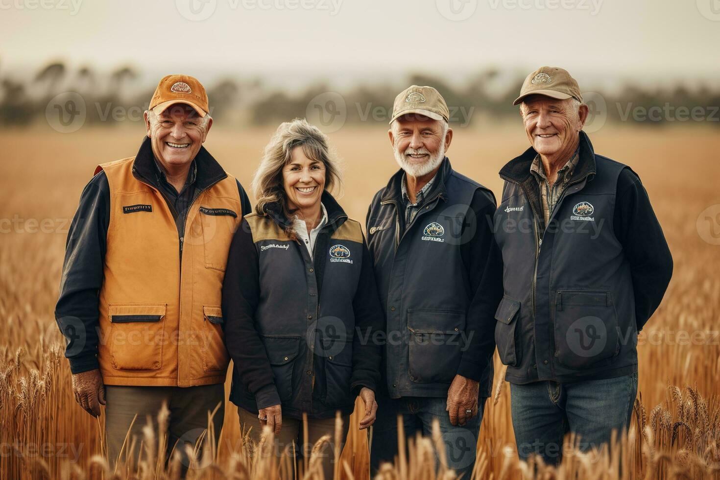 reclame portret schot van een boeren team staand samen in een tarwe veld- en ze kijken Bij de camera. generatief ai. foto