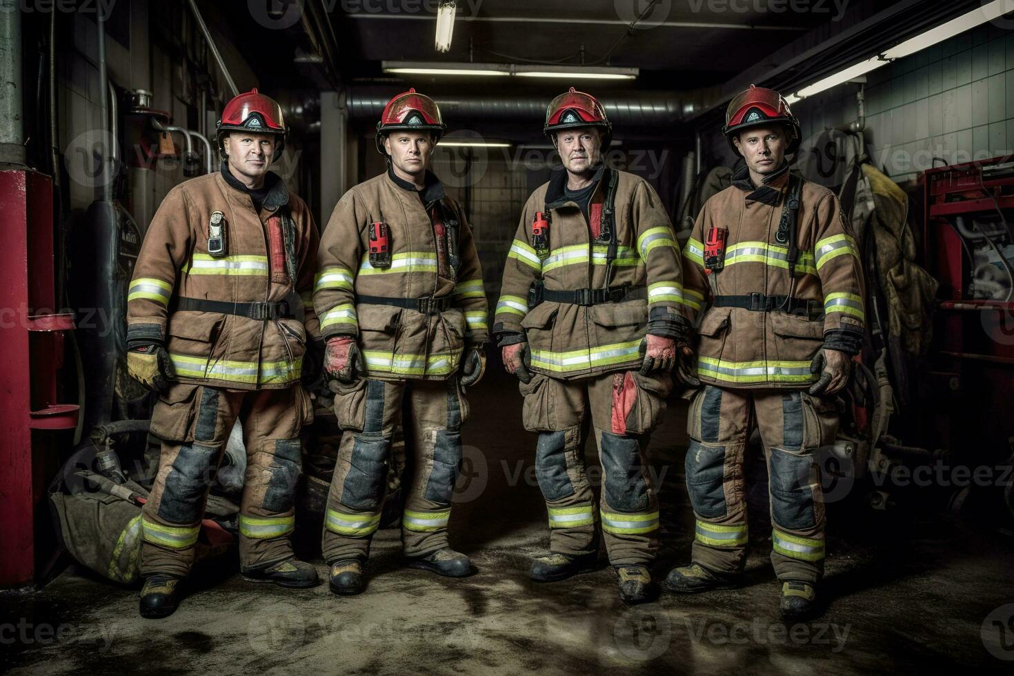 reclame portret schot van een brandweerlieden team staand samen in een branden station en ze kijken Bij de camera. generatief ai. foto