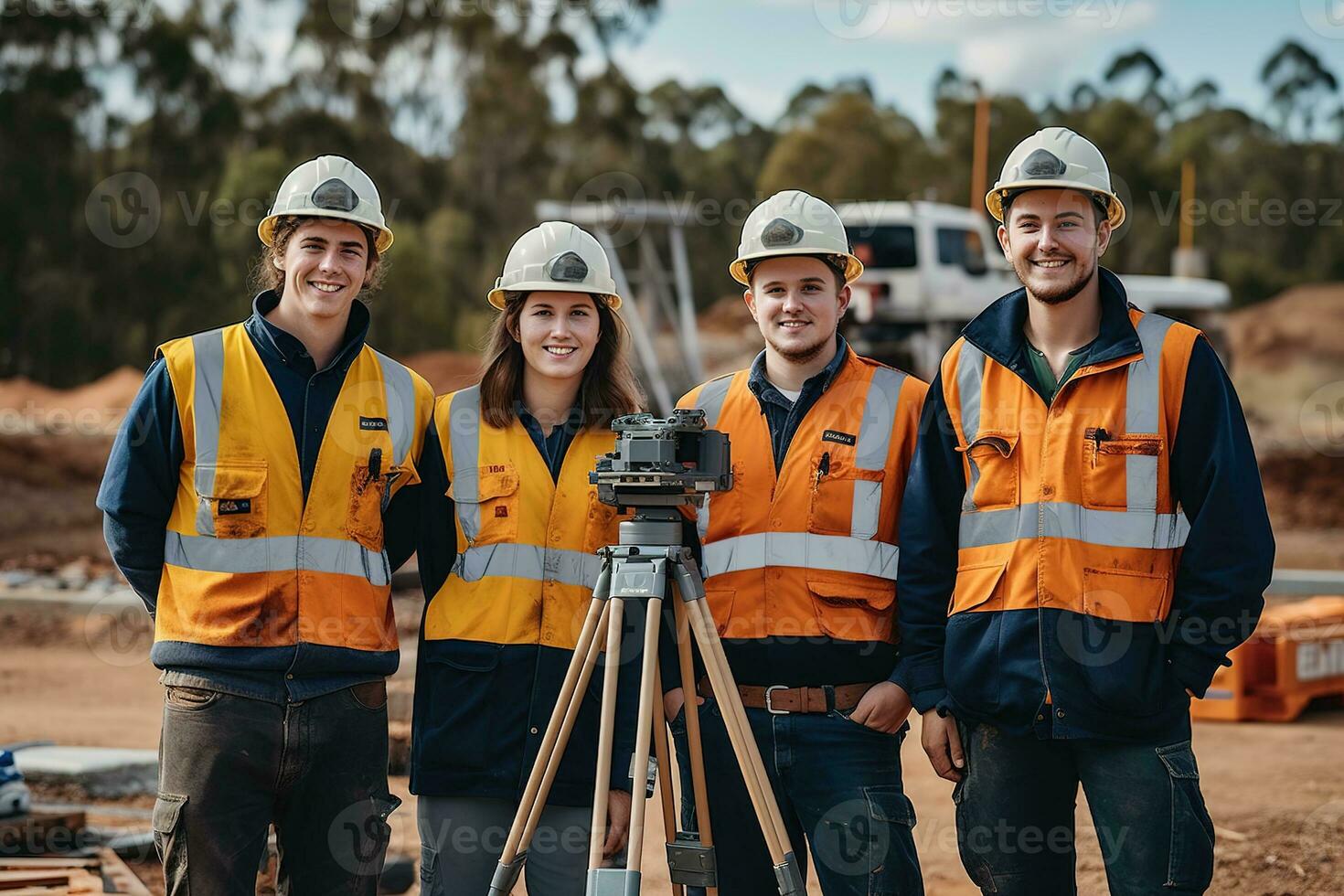 reclame portret schot van een landmeters team staand samen in een bouw plaats en ze kijken Bij de camera. generatief ai. foto