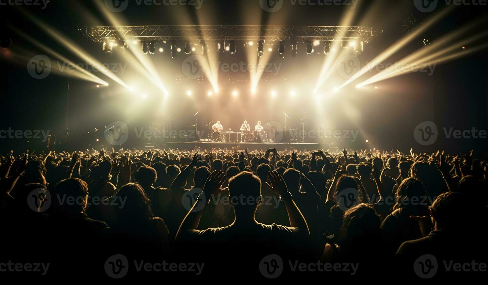 silhouet van concert menigte in voorkant van helder stadium lichten. generatief ai. foto