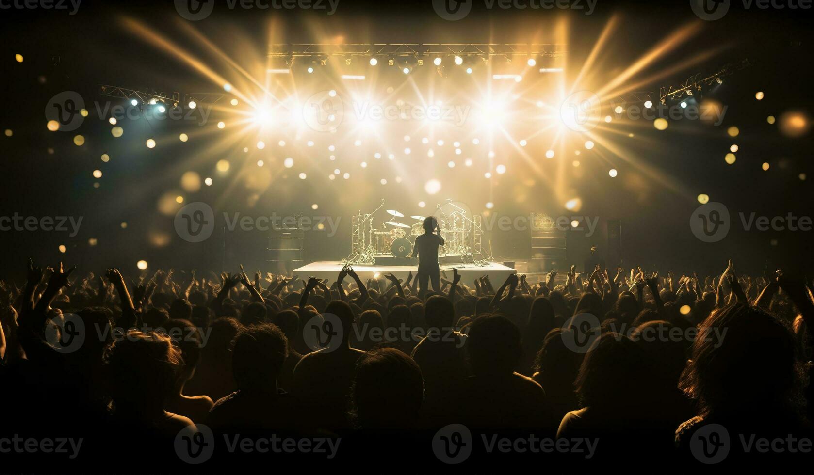 silhouet van concert menigte in voorkant van helder stadium lichten. generatief ai. foto