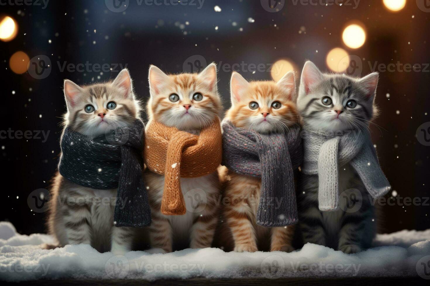 een rij van schattig kittens vervelend klein Kerstmis sjaals en omringd door sneeuwvlokken en fonkelend lichten, presentatie van de magie van de vakantie seizoen. generatief ai foto