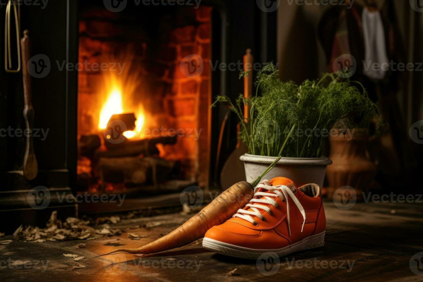 een baby schoen met een wortel voor sinterklaas staat in de buurt de haard. ai-gegenereerd foto