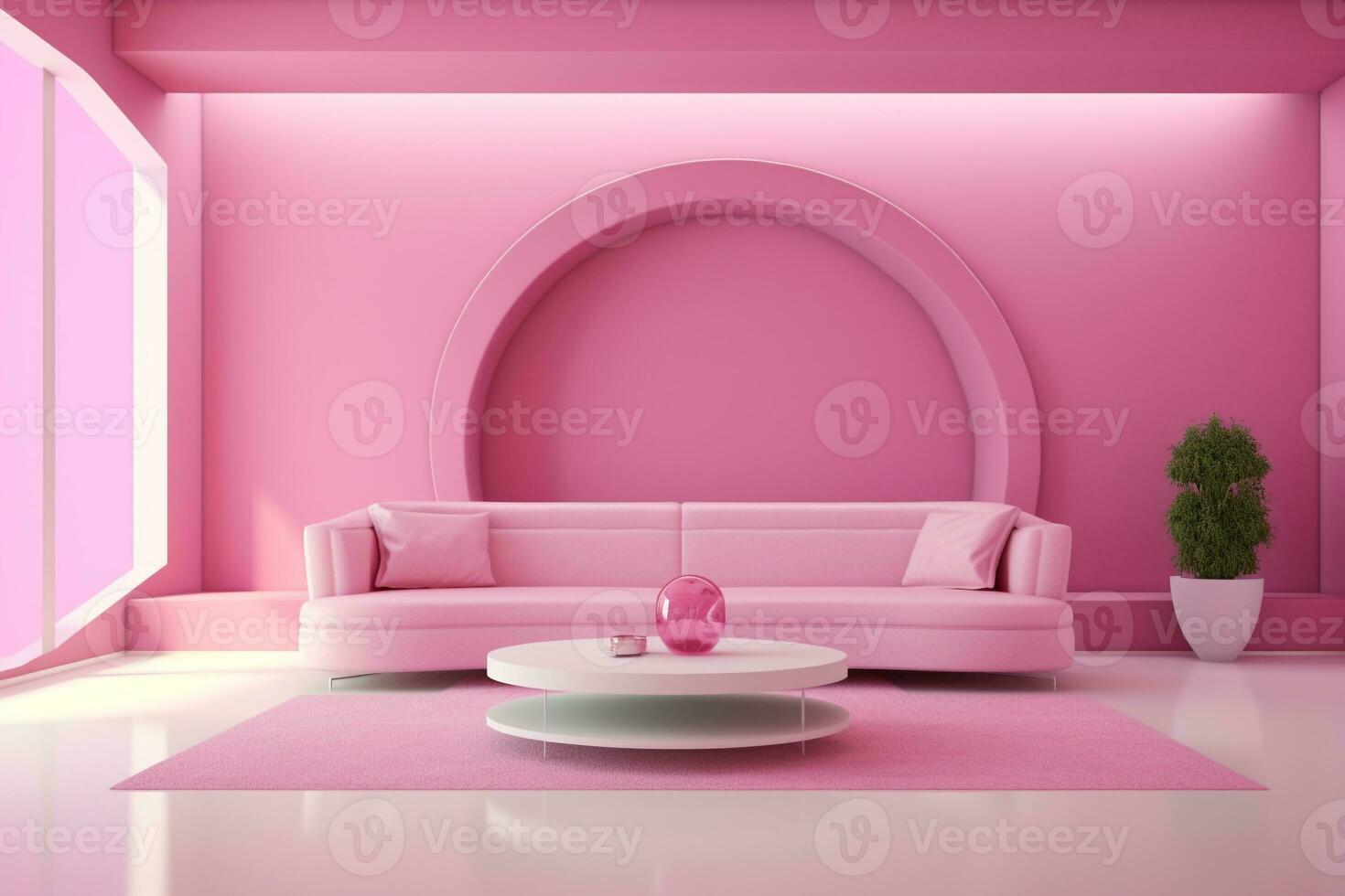 futurisme roze leven kamer met kopiëren met sofa en planten ruimte in de toekomst.gemaakt met generatief ai technologie. foto
