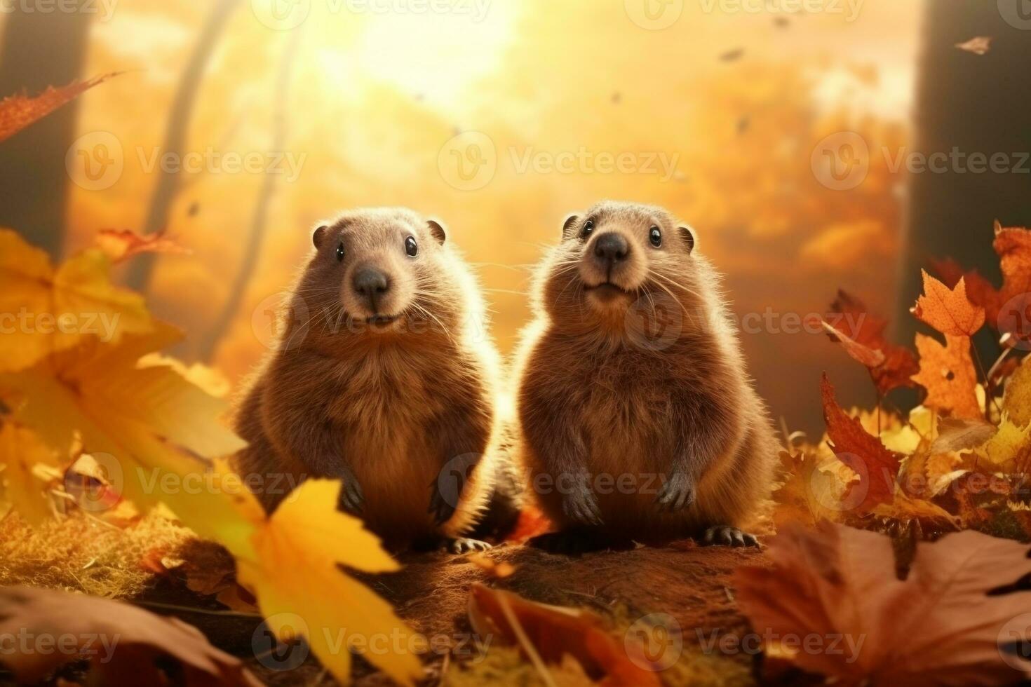 schattig groundhogs in de herfst Woud met herfst bladeren.gemaakt met generatief ai technologie. foto