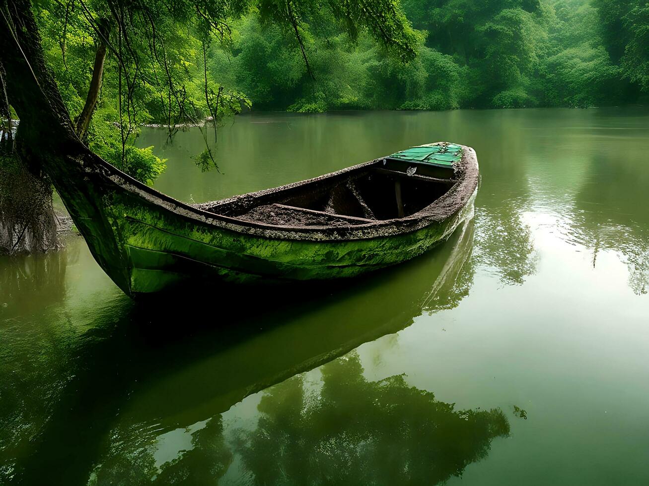 oud gezonken houten boot in een vijver in bangladesh. ai gegenereerd foto