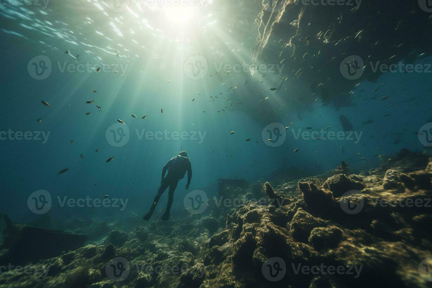 vrij duiker verkennen een schipbreuk ai generatief foto