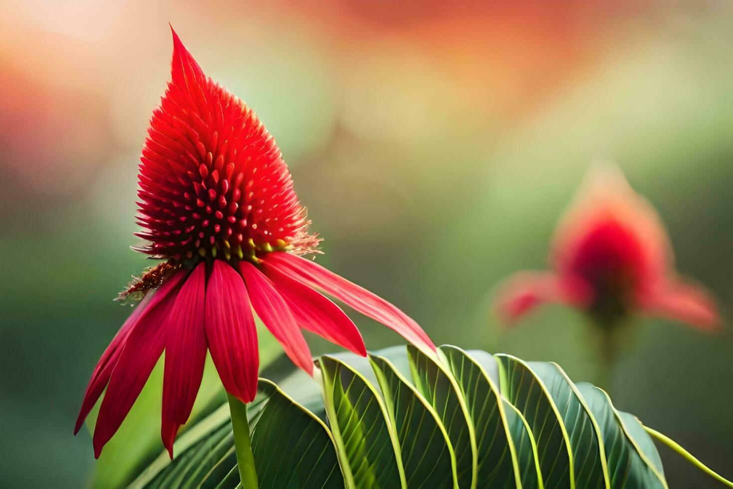 rood bloem Aan groen bladeren met wazig achtergrond. ai-gegenereerd foto