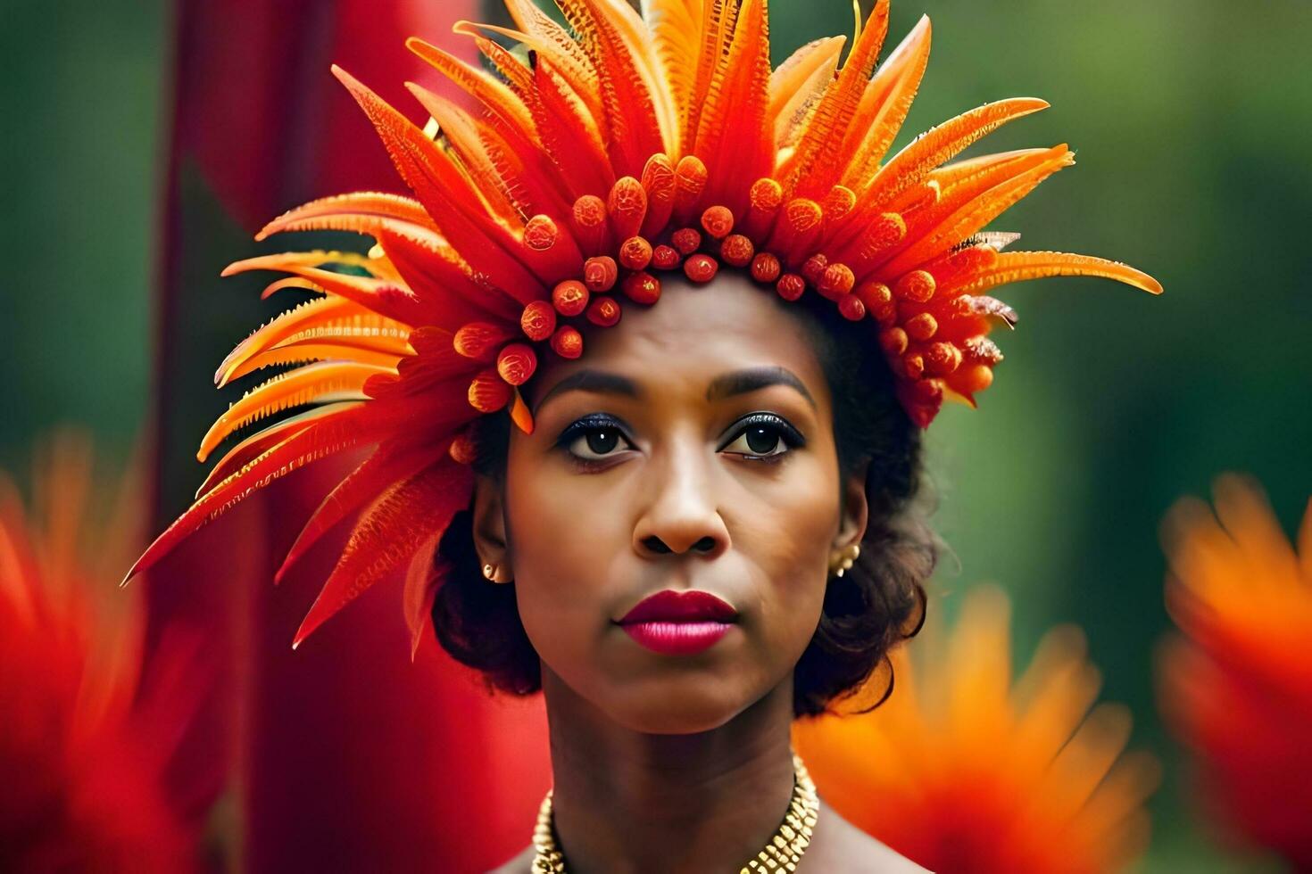 een vrouw vervelend een hoofdtooi met oranje veren. ai-gegenereerd foto