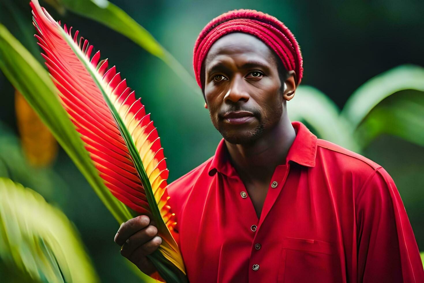 een Mens in een rood overhemd Holding een blad. ai-gegenereerd foto