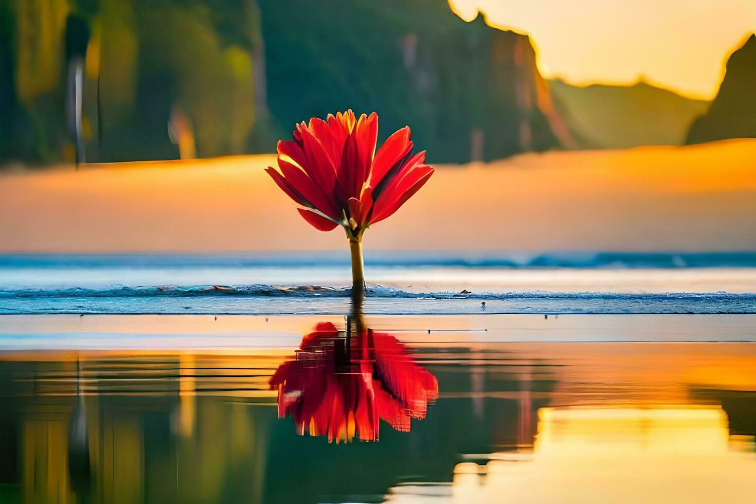 een rood bloem is staand in de water Bij zonsondergang. ai-gegenereerd foto