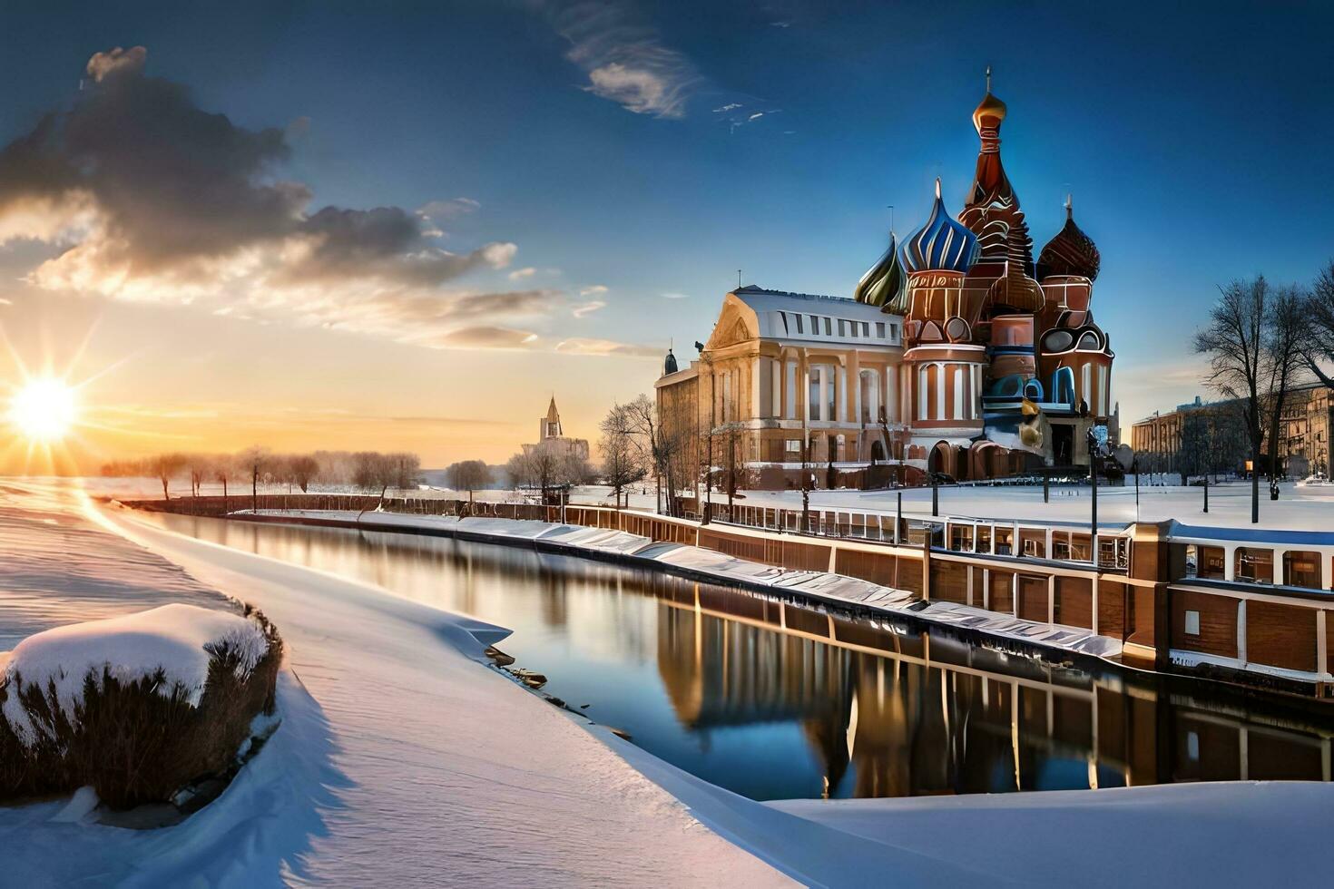 de zon stijgt over- de rood plein in Moskou. ai-gegenereerd foto