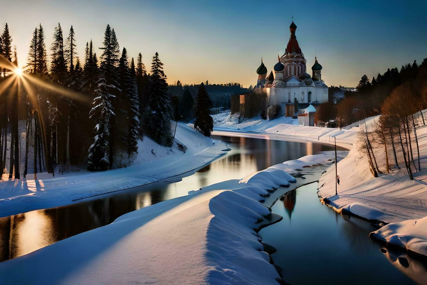 de zon stijgt over- een rivier- en een kerk in de sneeuw. ai-gegenereerd foto