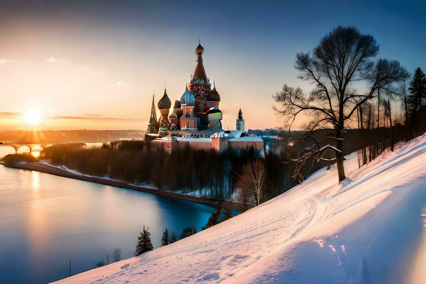 de zon sets over- de het kremlin in Moskou, Rusland. ai-gegenereerd foto