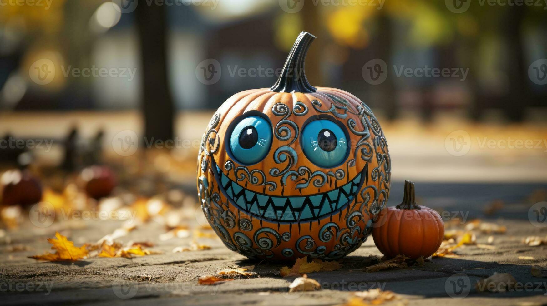 een levendig oranje pompoen, versierd met een geschilderd gezicht, zit boven de grond, klaar naar worden genomen Aan een trick-or-behandeling avontuur, belichamen de geest van herfst en de vreugde van halloween, ai generatief foto