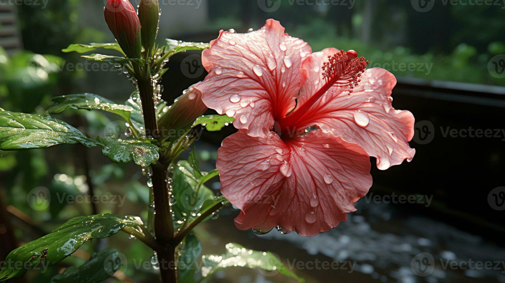 een roze bloem met water druppels Aan het ai generatief foto