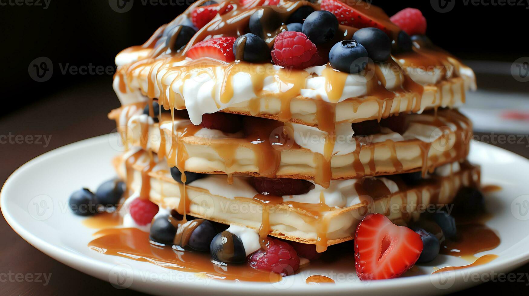 een wafel met ijs room, bessen en chocola siroop ai generatief foto