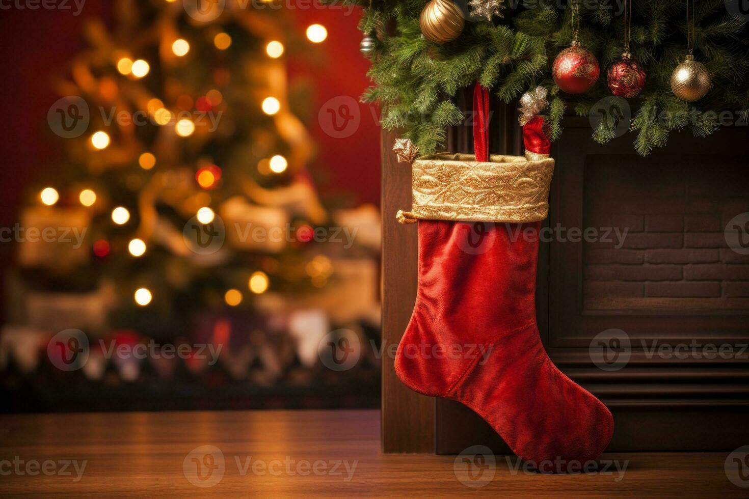 Kerstmis kous hangende van een haard met een Kerstmis boom in de achtergrond. generatief ai foto