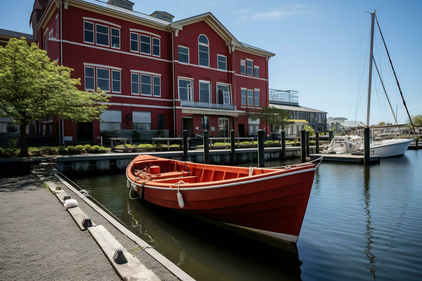 een boot is aangemeerd in voorkant van gebouw ai generatief foto