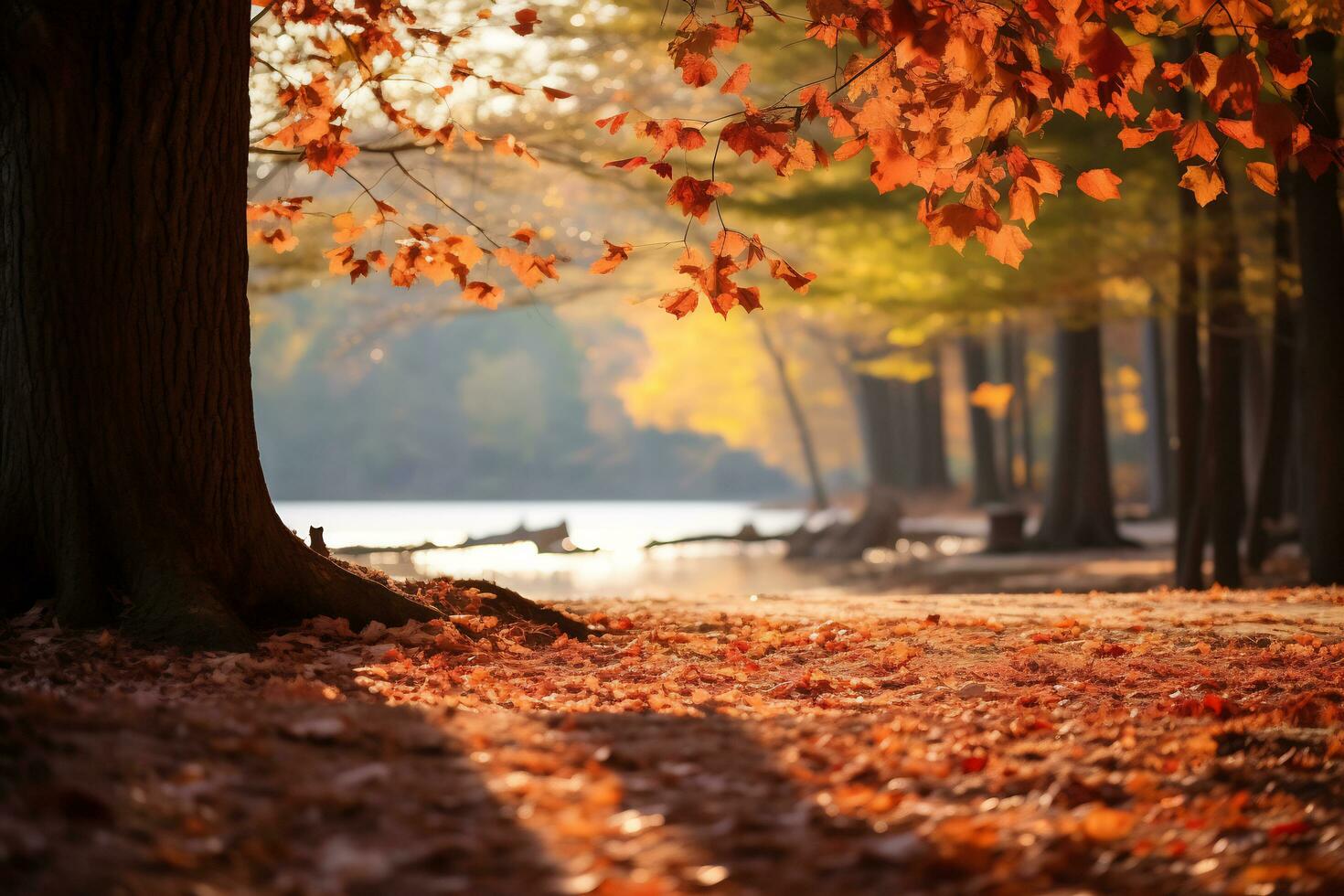 ai generatief van een sereen herfst landschap gouden bladeren Hoes de grond foto