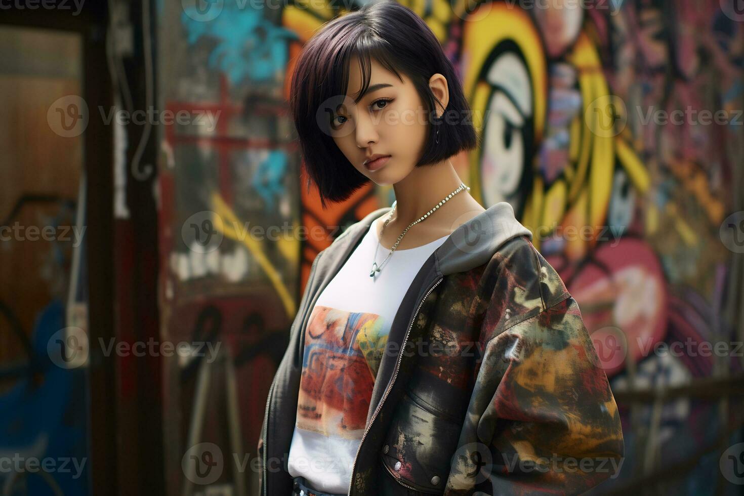 mooi Aziatisch meisjes kort haar- in gewoontjes kleding ai generatief foto