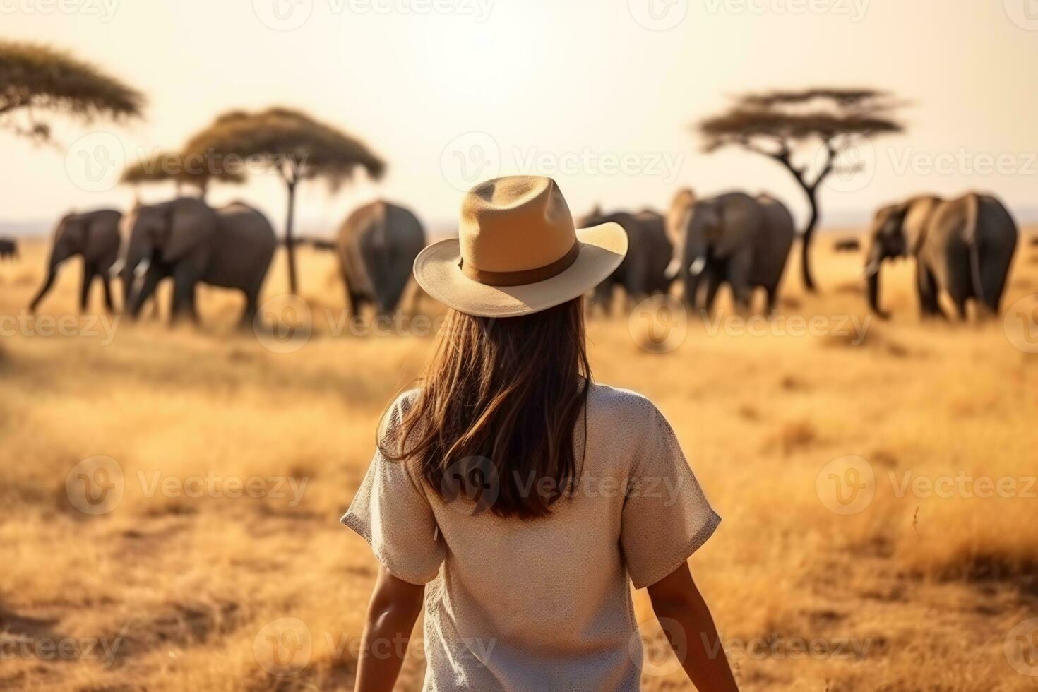 een mooi vrouw toerist onderzoeken een savanne ai generatief foto