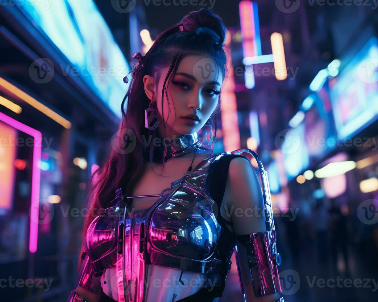 een foto van een meisje in een neon-verlicht cyberpunk kleding in een futuristische stadsgezicht Bij nacht ai generatief