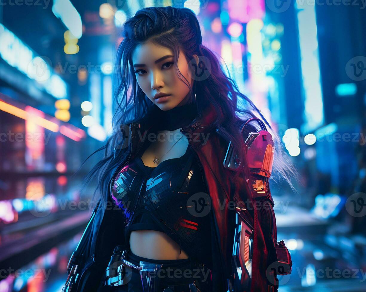 een foto van een meisje in een neon-verlicht cyberpunk kleding in een futuristische stadsgezicht Bij nacht ai generatief