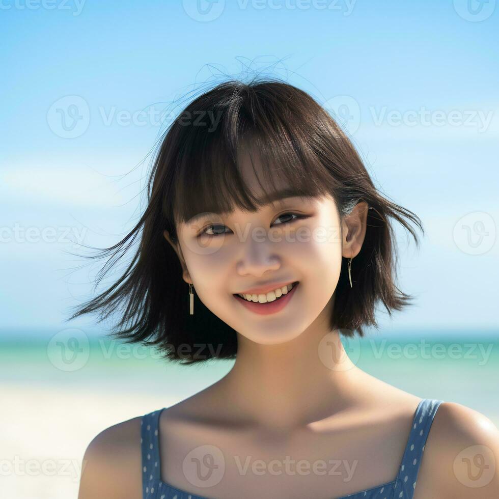 mooi Aziatisch meisje genieten van zomer in de strand ai generatief foto