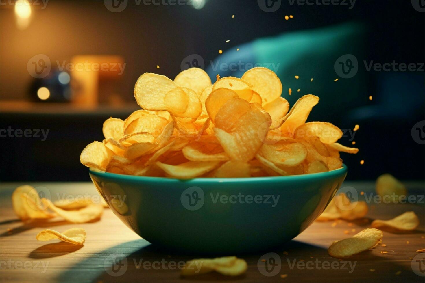 aardappel chips in een schaal, een onweerstaanbaar knapperig traktatie wacht ai gegenereerd foto