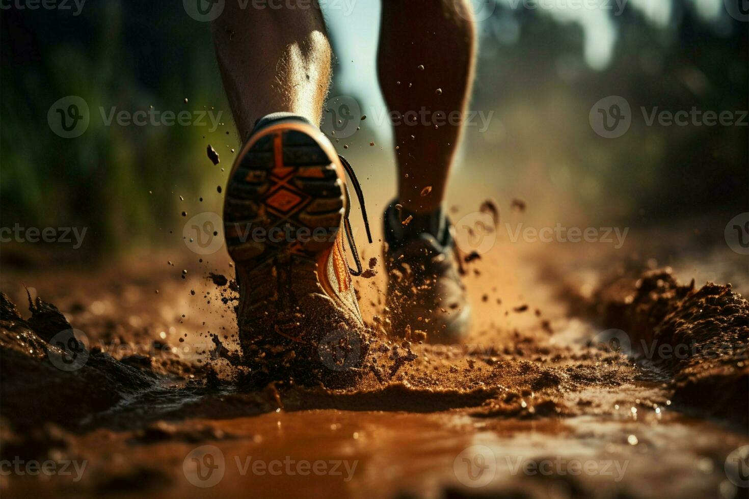 dichtbij omhoog kunst van hardlopers voeten navigeren een oerwoud aarde spoor ai gegenereerd foto