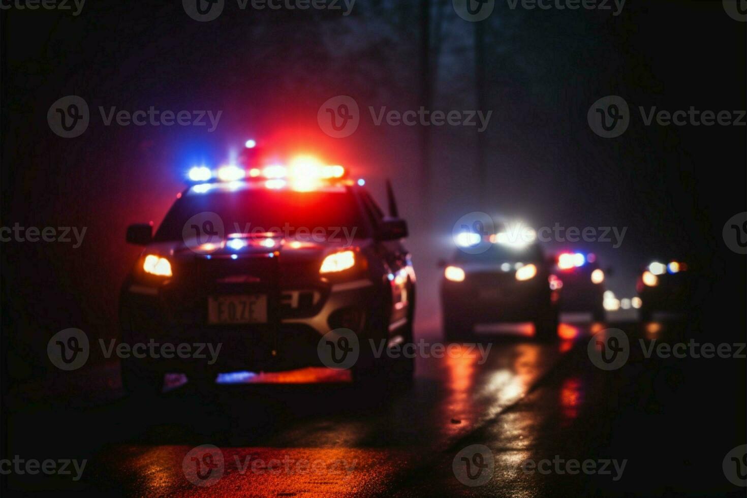 selectief focus Aan Politie auto's achtervolgen in mistig 's nachts achtervolging ai gegenereerd foto
