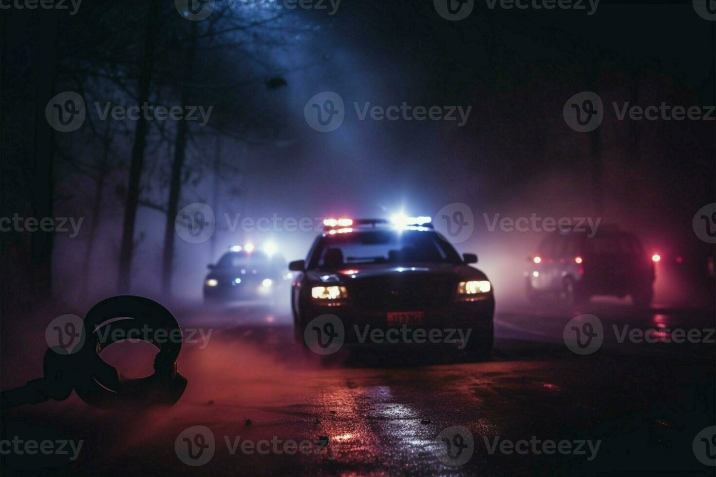 silhouet van handboeien en Politie auto in een mistig nacht ai gegenereerd foto