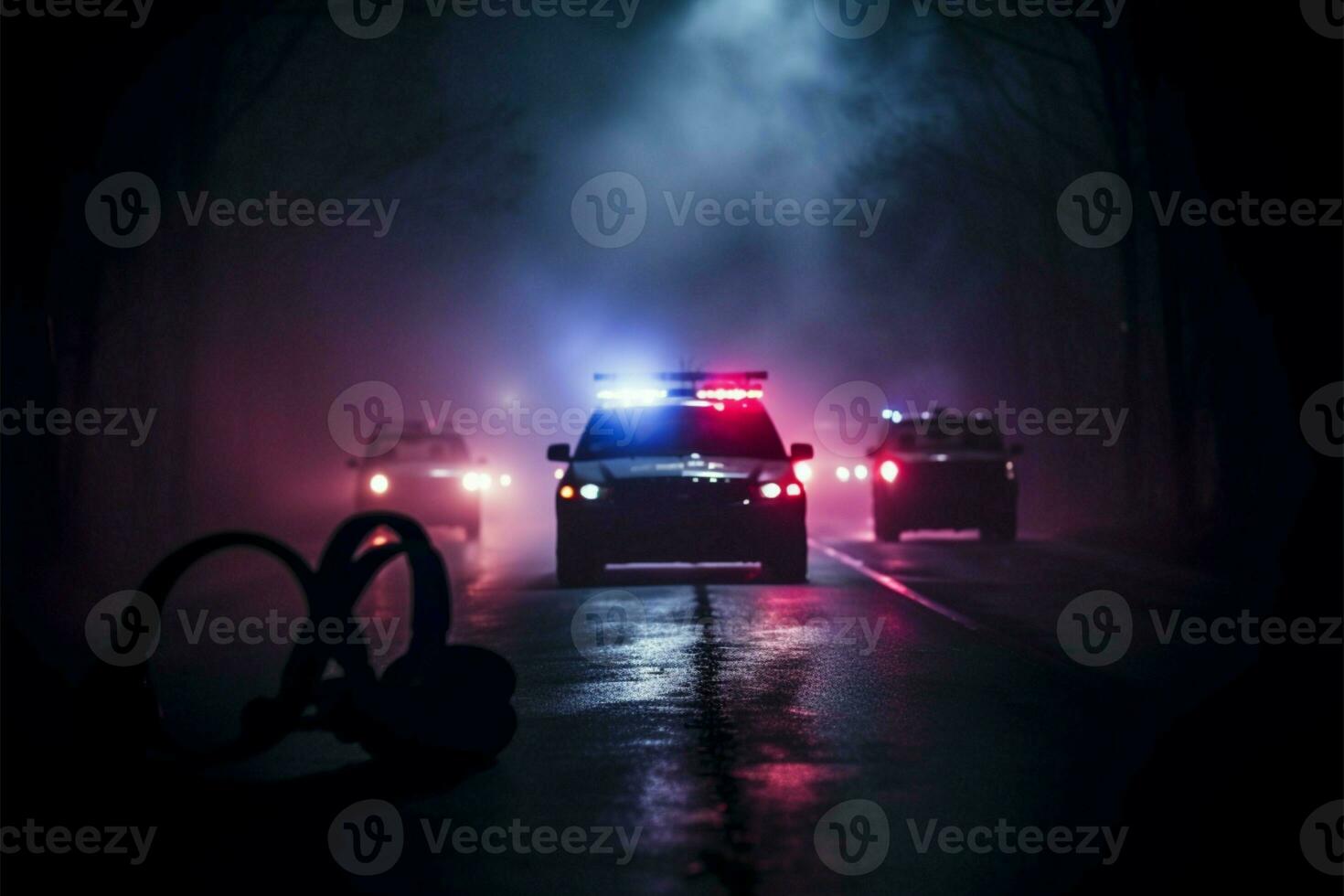 silhouet van handboeien en Politie auto in een mistig nacht ai gegenereerd foto