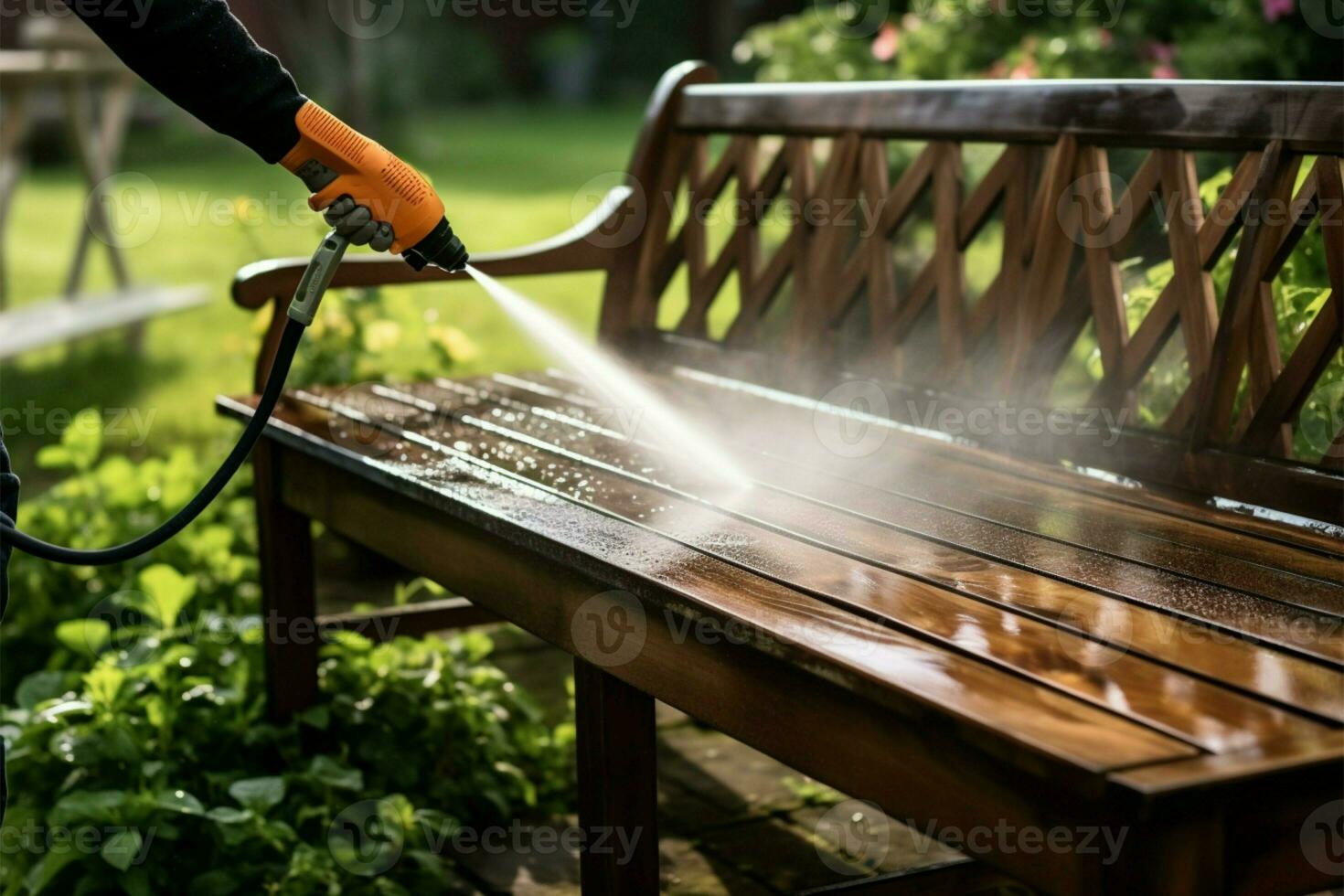 zomer buitenshuis schoonmaak persoon toepassingen druk wasmachine Aan houten tuin bank ai gegenereerd foto