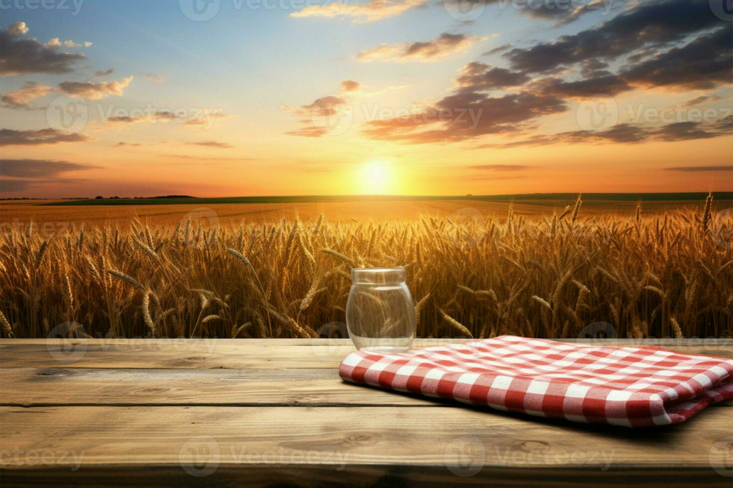 zonsondergang tableau houten bord tafel door een tarwe veld, Scherm klaar ai gegenereerd foto